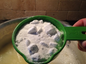 Add 1 Cup of Borax and 1 Cup of Super Washing Soda to the pot of water. You may see suds in your pot and it may be boiling by now, that is fine. Just lower the heat a little to keep it from bubbling too much to prevent spills.