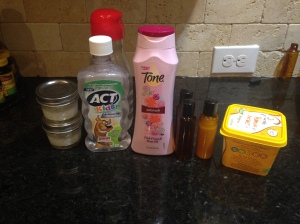 The Finished Products! Toothpaste, Shampoo, Conditioner, Facewash/Mask, Deodorant (before I moved it to the Deodorant stick) 