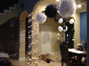 Tissue Paper Pom Poms hanging in random spots really helped pull the decorations together. these were the cheapest decoration too! The big ones are 10 pieces, and I made some 6-8 piece ones too. Use fishing line to hang from the ceiling.
