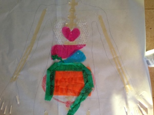 A very basic design of our major internal organs:) Mostly Tissue Paper, tissue streamers, and Tape for the longer bones